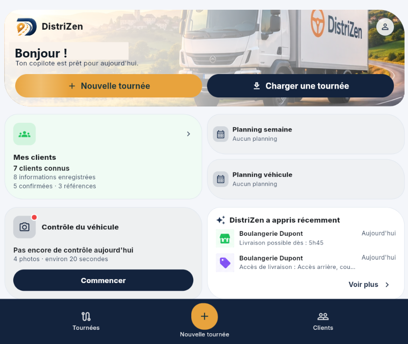 Écran d'accueil de l'application DistriZen